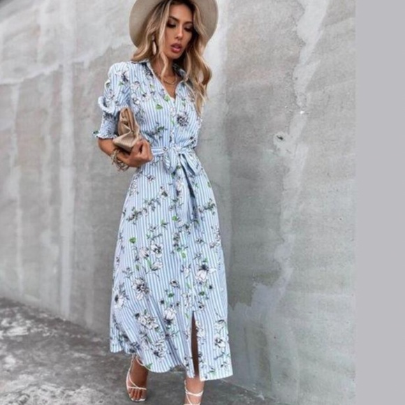 Zara Dresses & Skirts - Zara Dress Striped Puff Sleeve Floral Belted Midi Blue